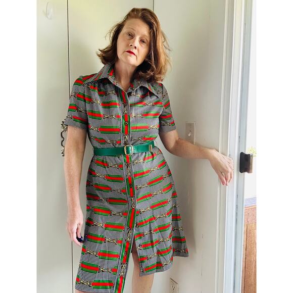 Vintage 60 Mod Style Dress Houndstooth Buckle Design Green/Red Designer Sz 6-8 - Picture 11 of 11